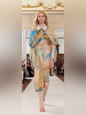 Ulla Johnson Pastel Watercolor Long Sleeve Coat Dress in Blue and Cream